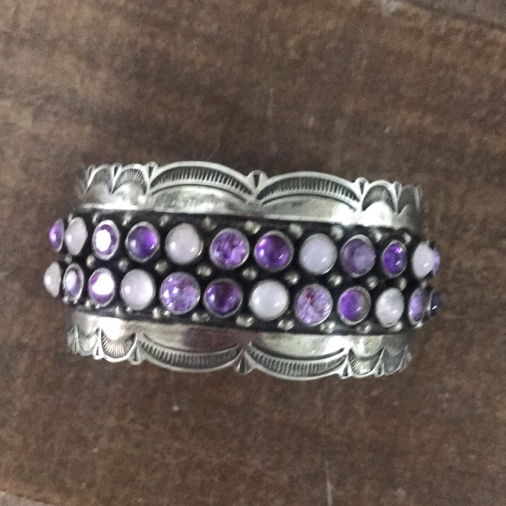 vintage sterling designer El Tom purple stone native american cuff bracelet - Picture 6 of 12